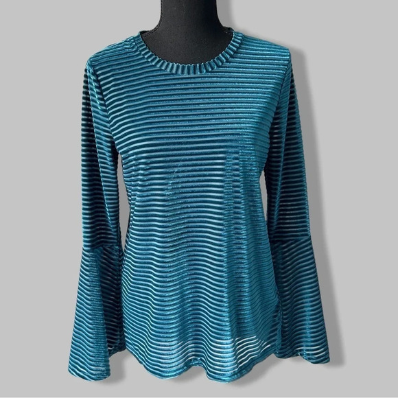 Michael Kors Turquoise Velvet Stripe Flutter  Sleeve Top - Picture 2 of 14